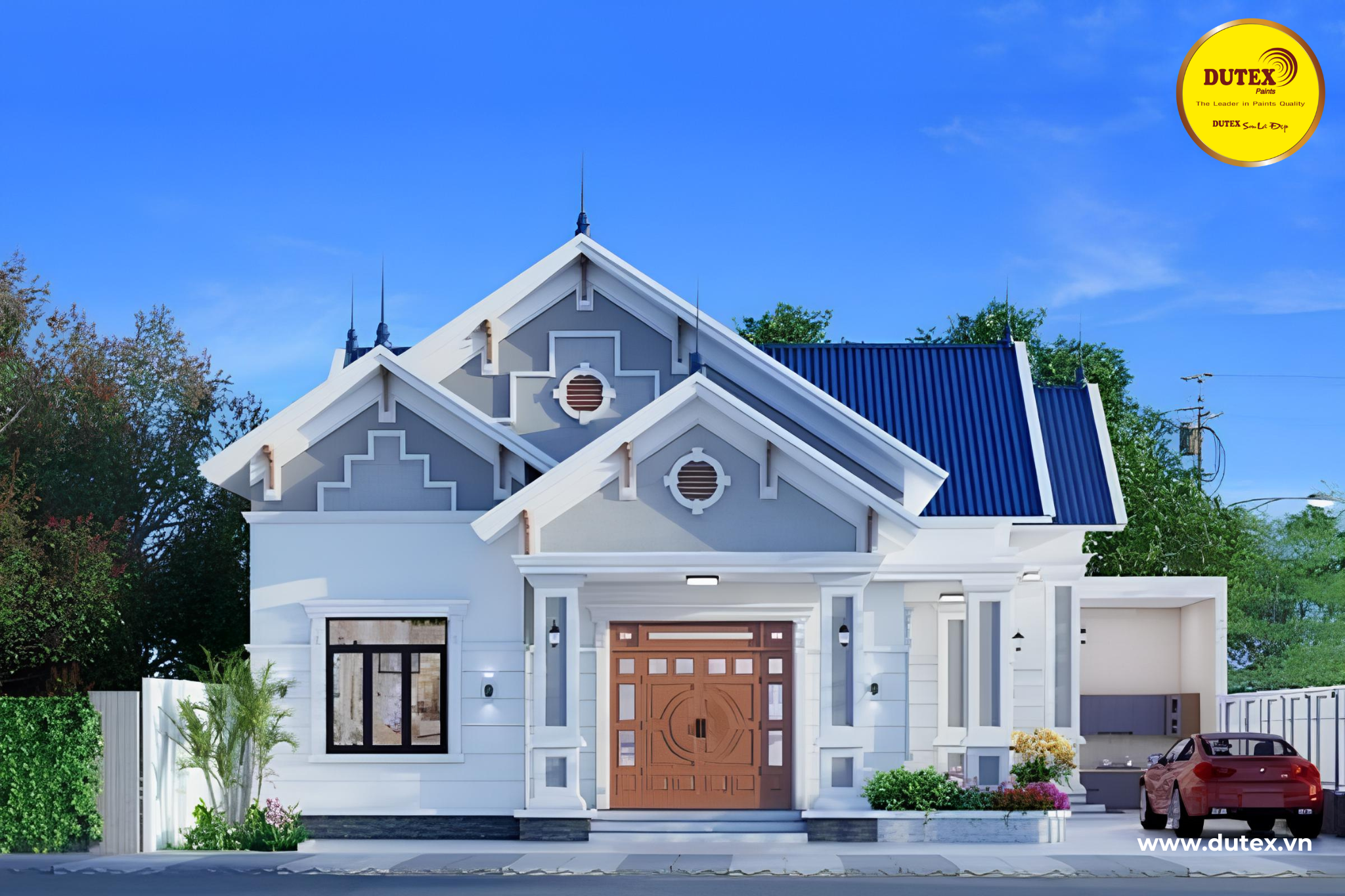 Phối màu sơn nhà cấp 4 mái Thái với màu xanh dương