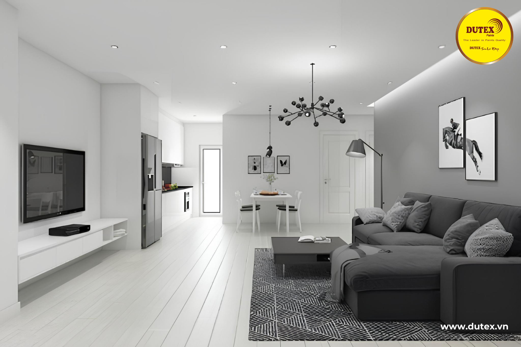 Phòng khách mang đậm phong cách Scandinavian với màu trắng xám